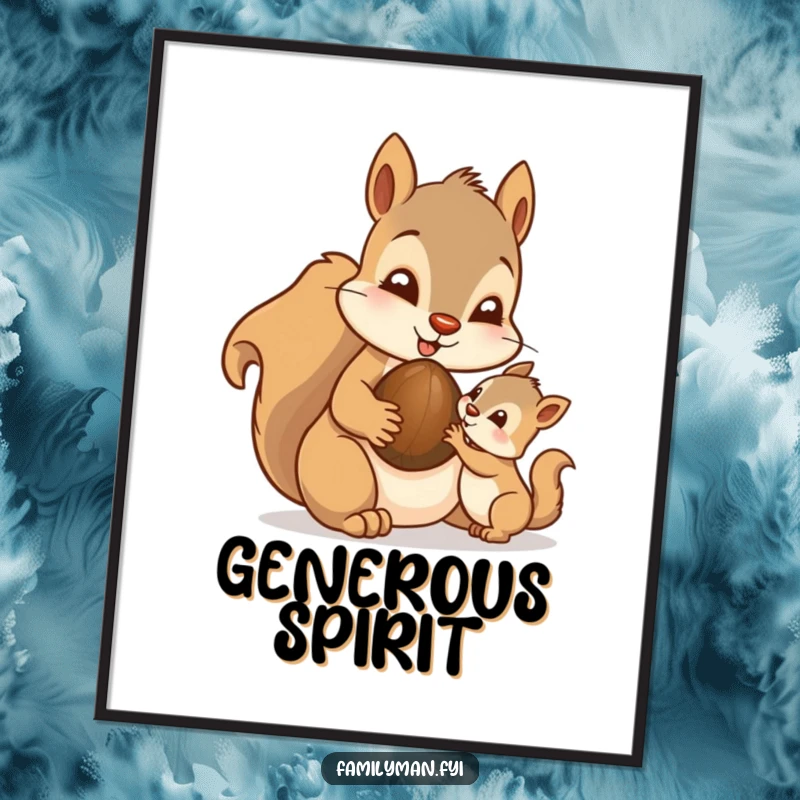 Funny Dad Squirrel Poster: A doting father squirrel character sharing a nut with its youngster, representing tender paternal love.