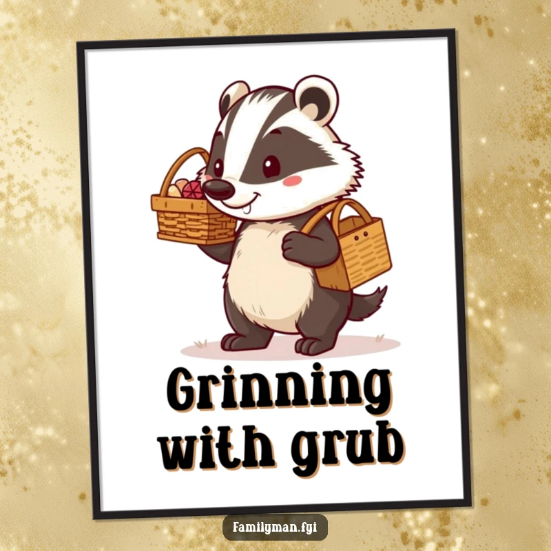 Funny determined dad badger carrying a picnic basket with a proud grin, presented as a humorous wall poster. Inspires adventure and fatherly pride.