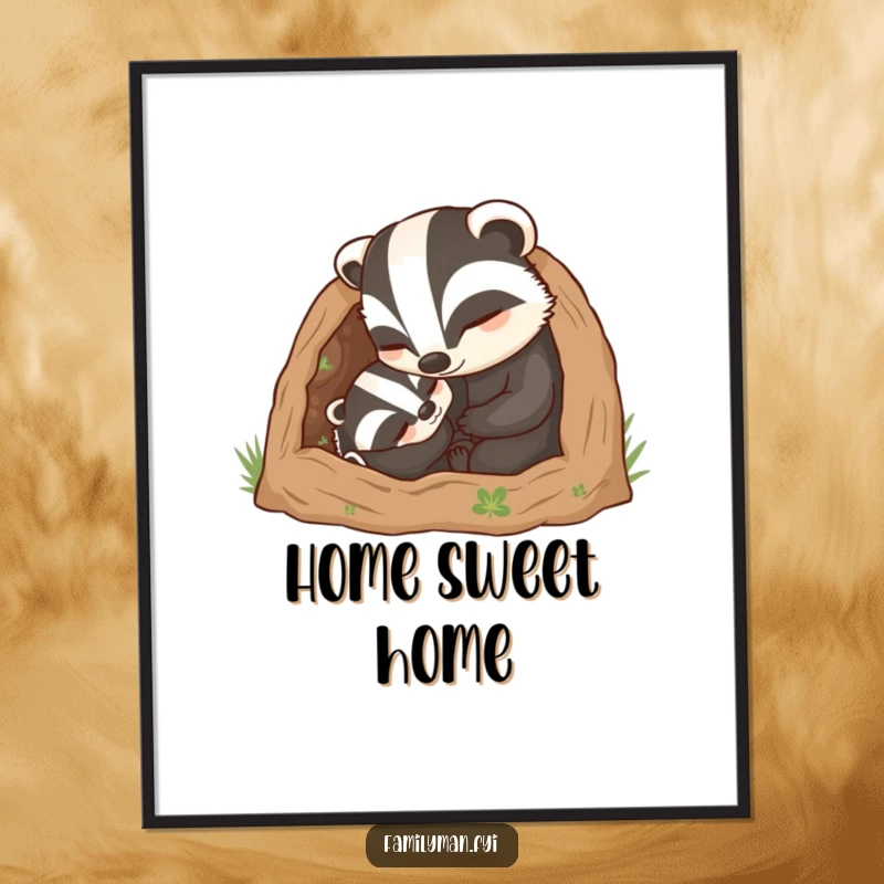 Funny Dad Badger Poster: A caring father badger character tucking his youngster into a cozy burrow, representing paternal security.