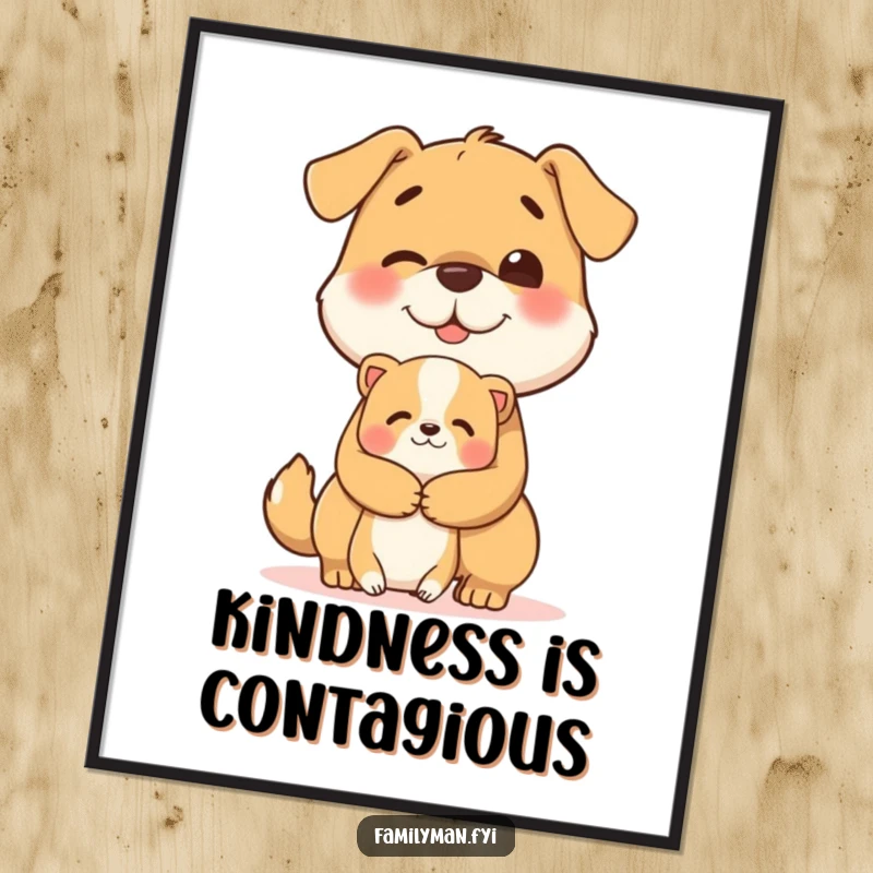 Funny poster featuring a cheerful dog character giving a big, heartwarming hug to a smaller animal.