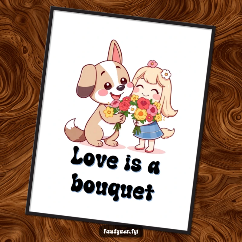 Funny happy dog character giving flowers with a smile, as wall art for a cheerful space.