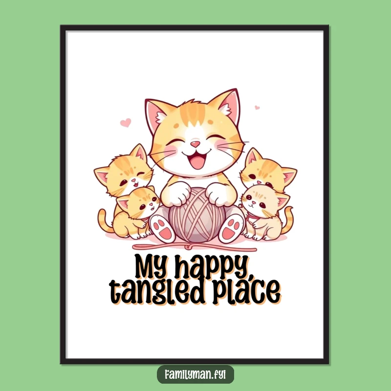 Funny Cat Yarn Poster: Adorable Art of a Cat with Kittens, Charming Wall Decor Gift