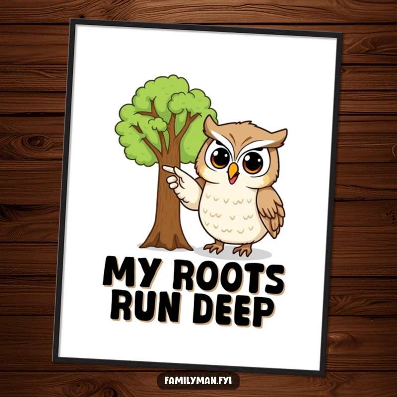 Funny owl poster featuring a proud owl character joyfully indicating a detailed family tree, perfect for genealogy lovers.