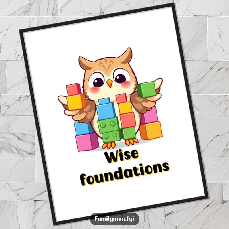 Funny Poster featuring a proud owl displaying a colorful stack of oversized building blocks, creating a wise and whimsical atmosphere.