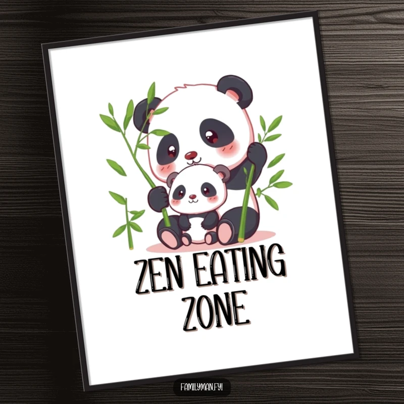 Funny panda poster illustrating a parent panda sharing bamboo with its offspring, a humorous and serene artwork.