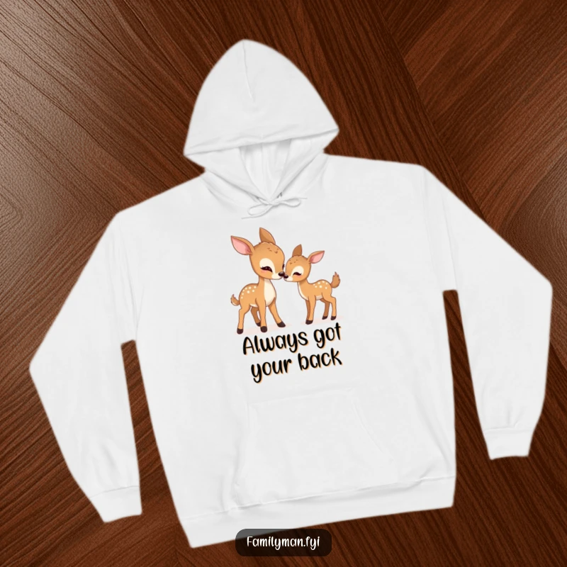 Funny deer hoodie depicting a tender moment as a mother deer playfully nudges her fawn, a humorous wildlife scene.