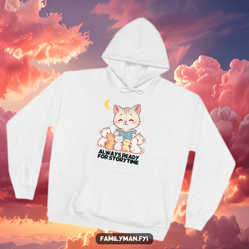 Funny cat hoodie illustrating a gentle mother cat reading a captivating bedtime story to her attentive and sleepy kittens, radiating warmth.