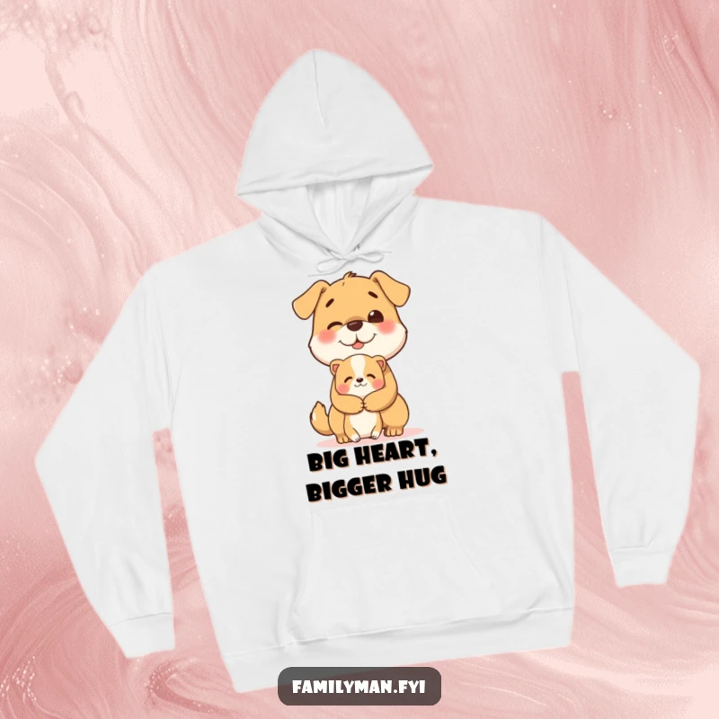 Funny hoodie depicting a cheerful dog character giving a big, heartwarming hug to a smaller animal.