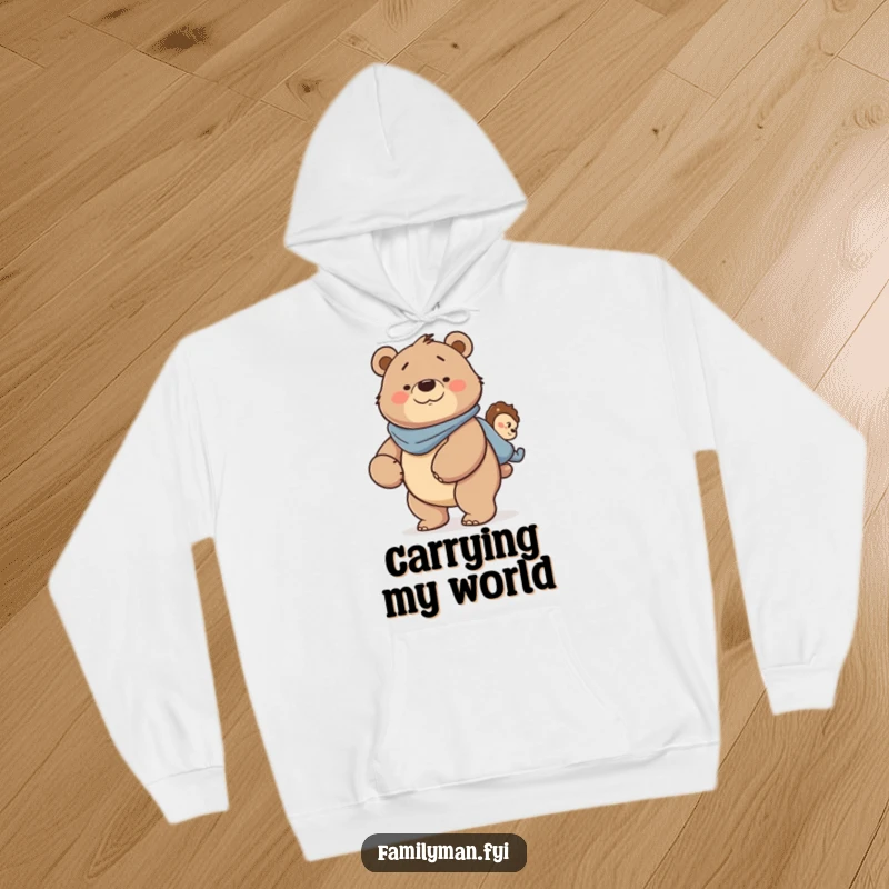 Funny Dad Bear Hoodie: A strong father bear character smiling while carrying someone on his back, showcasing warmth and paternal power.