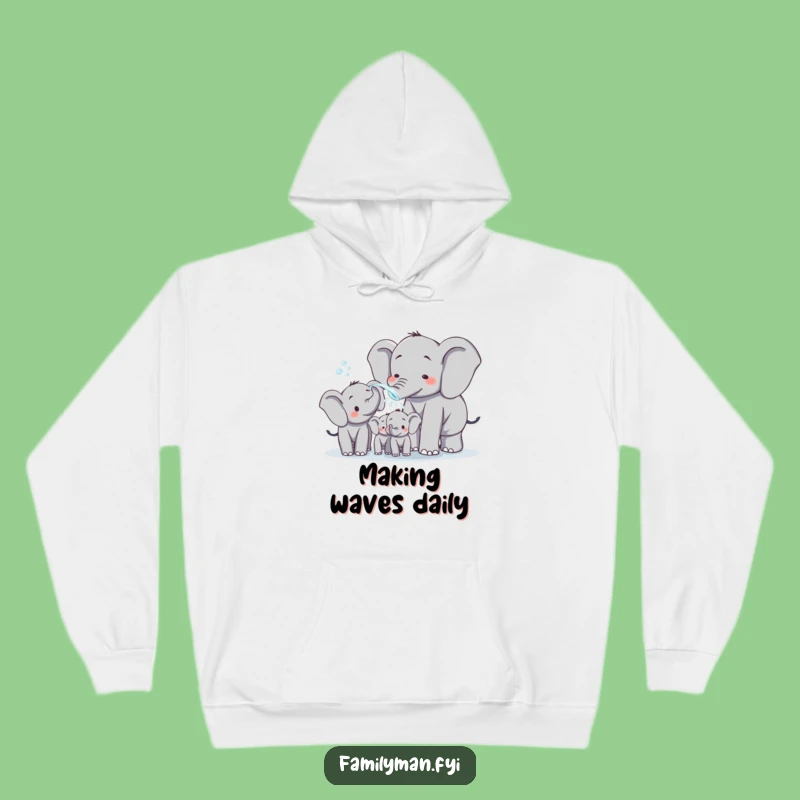 Cozy Elephant Dad Hoodie: Funny Water Spraying Family Scene, Warm Dad Gift