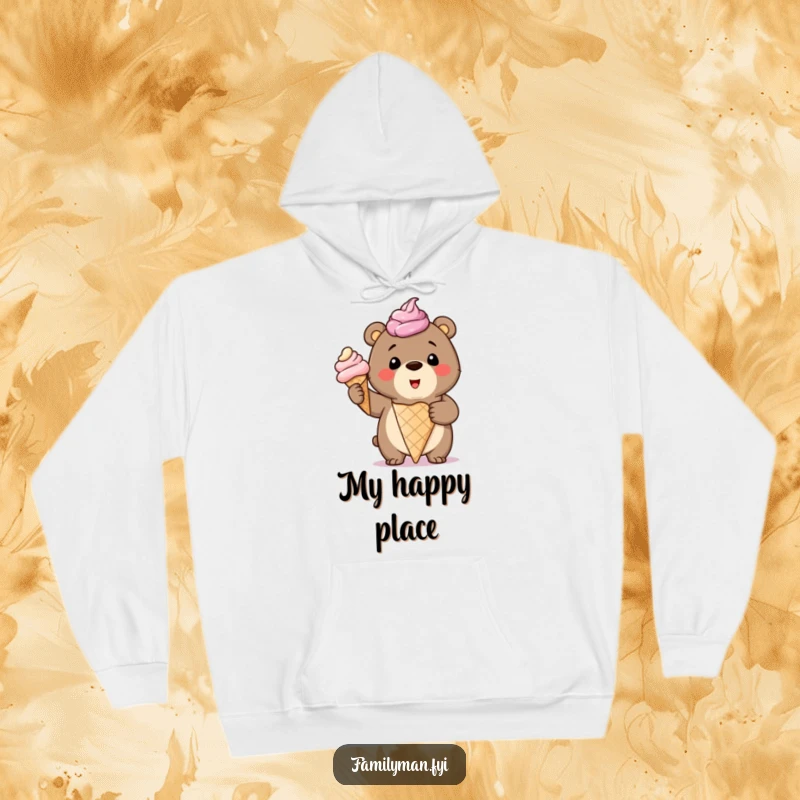 Funny Hoodie with a smiling bear cub proudly holding a giant, overflowing ice cream cone, offering sweet comfort.