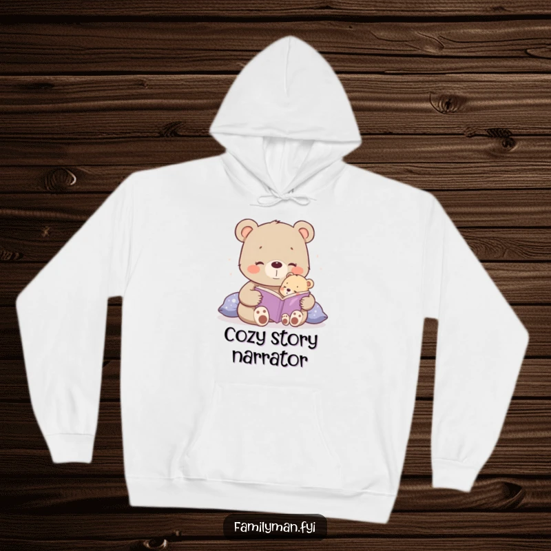 Funny happy bear cub reading a bedtime story to a tiny cub, printed on a cozy hoodie.
