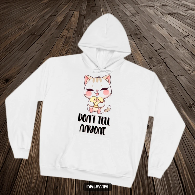 Funny cat hoodie with a mischievous grin gently carrying a tiny sleeping baby bird, showing playful protective instincts.