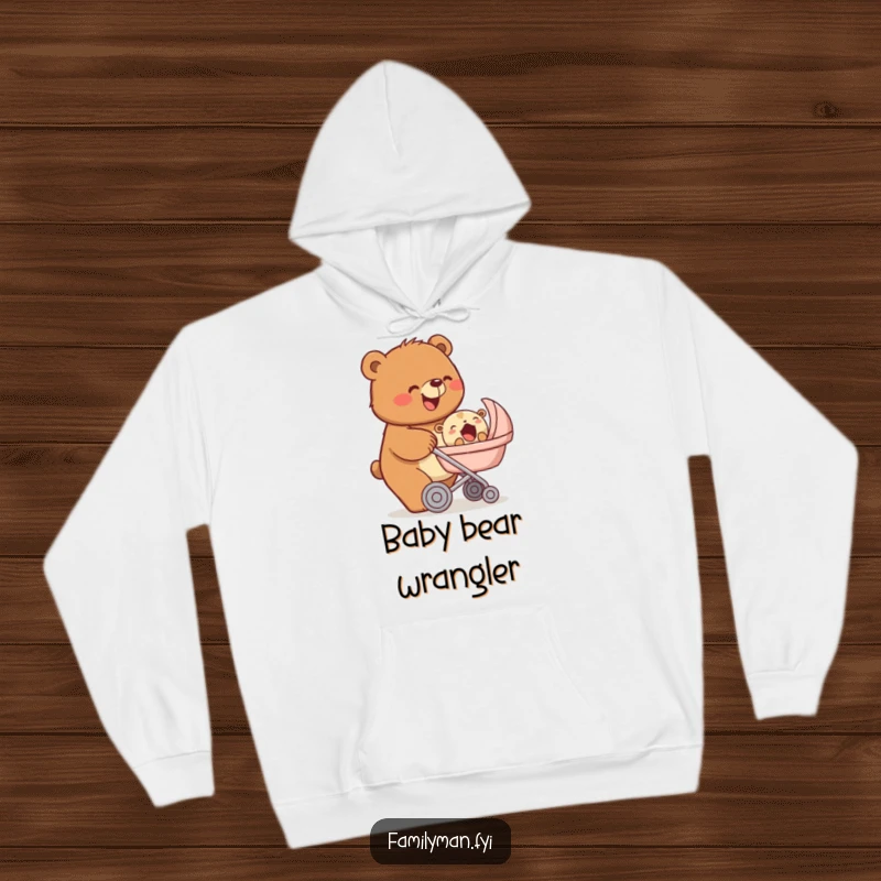 Funny hoodie depicting a beaming bear pushing a stroller with a yawning baby animal, perfect for cozy parenting humor, a warm funny gift.