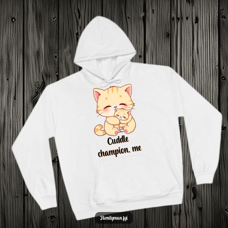 Funny Cat Hoodie showcasing a loving cat hugging a kitten, perfect for cozying up with a humorous and heartwarming vibe.