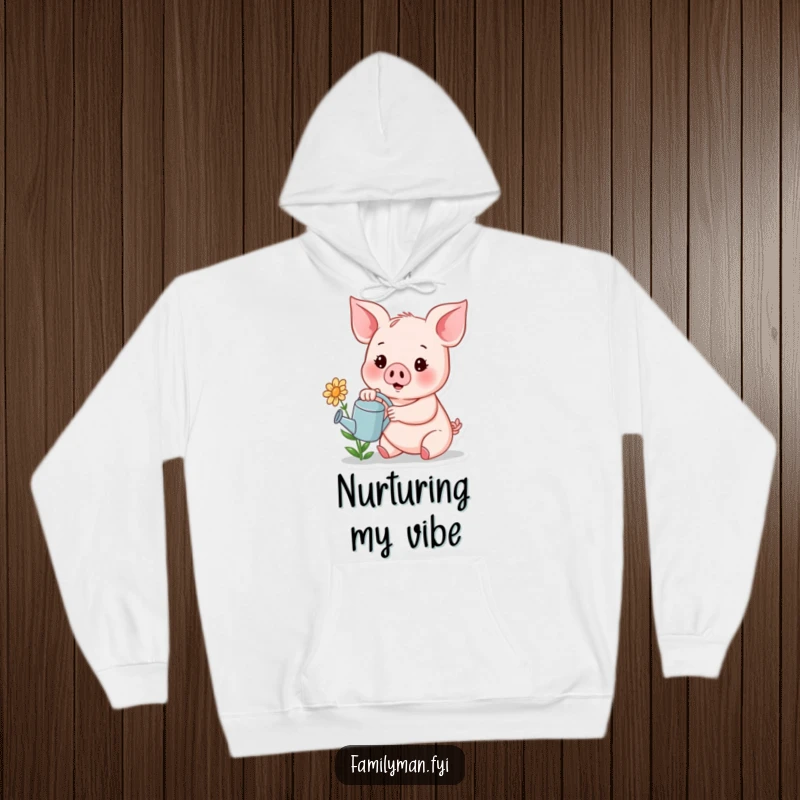 Funny hoodie showing a cheerful piglet holding a miniature watering can, watering a small, happy flower.