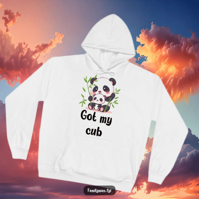 Funny panda hoodie depicting a parent panda sharing bamboo with its offspring, offering cozy, humorous serenity.
