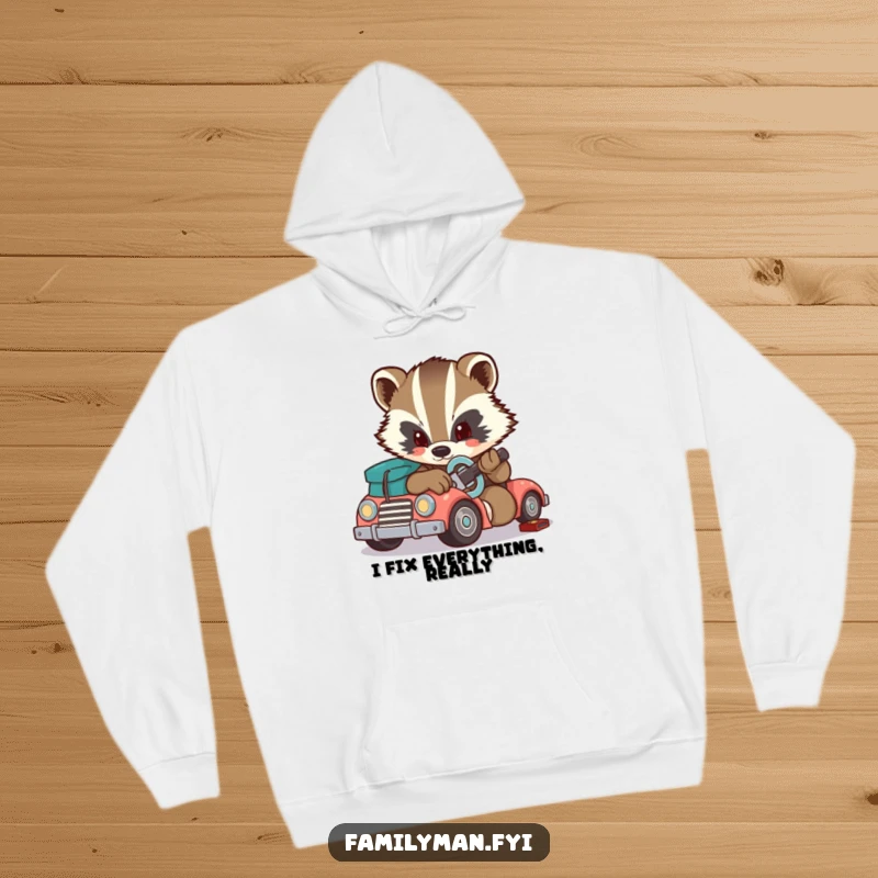 Funny badger hoodie, a determined badger character fixing a broken toy car with a small wrench. Cozy and practical.