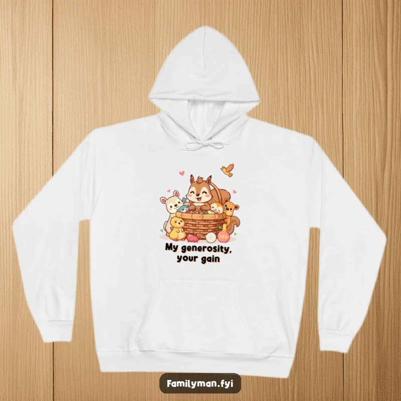 Funny squirrel hoodie, a cheerful character sharing a picnic basket with animal friends. Cozy and friendly.