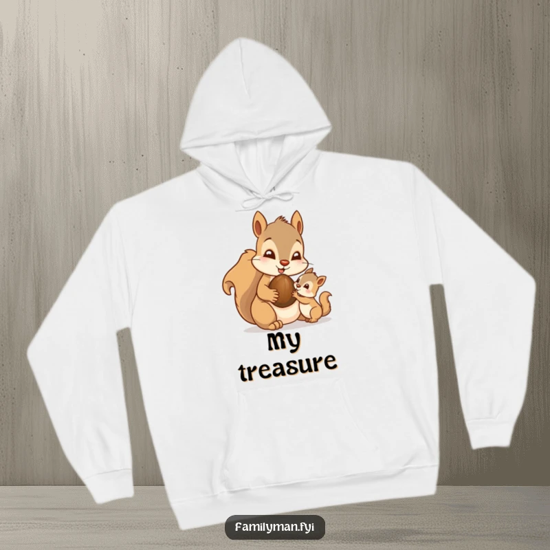 Funny Dad Squirrel Hoodie: A doting father squirrel character sharing a nut with its youngster, embodying warmth and generosity.