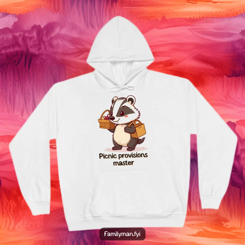 Funny dad badger determinedly carrying a picnic basket with a proud grin, featured on a warm hoodie. A cozy and humorous statement piece.