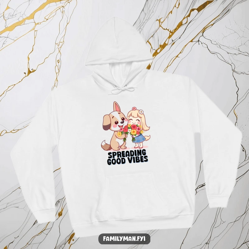 Funny happy dog character giving flowers with a smile, on a warm hoodie, for cozy cuddles.
