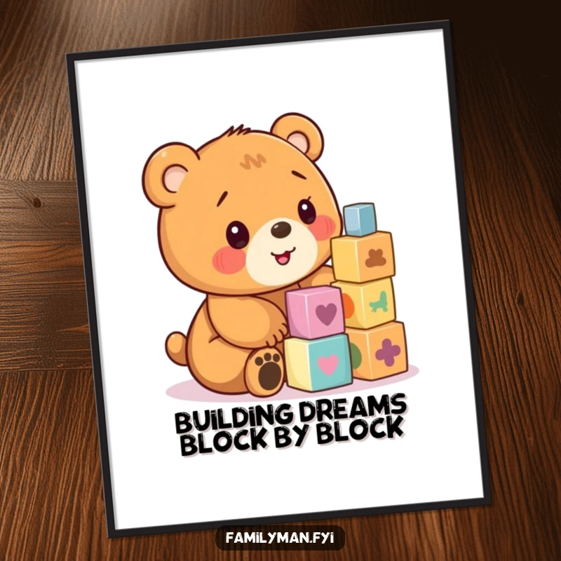 Funny free printable wall art of a focused bear cub stacking colorful blocks, adding a playful and cheerful touch to any space.