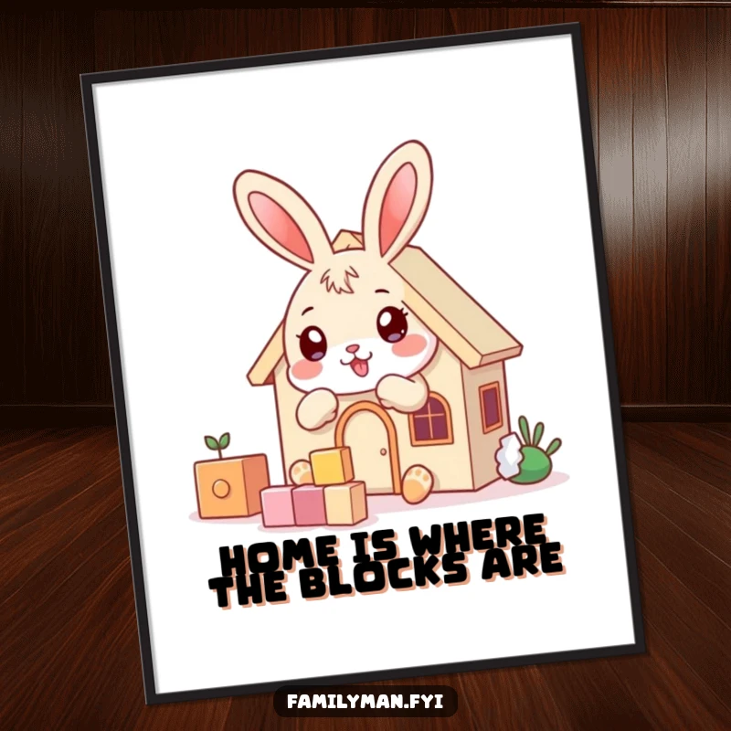 Free Printable Wall Art: A playful bunny character building a small, sturdy house with colorful toy blocks, fun decor.
