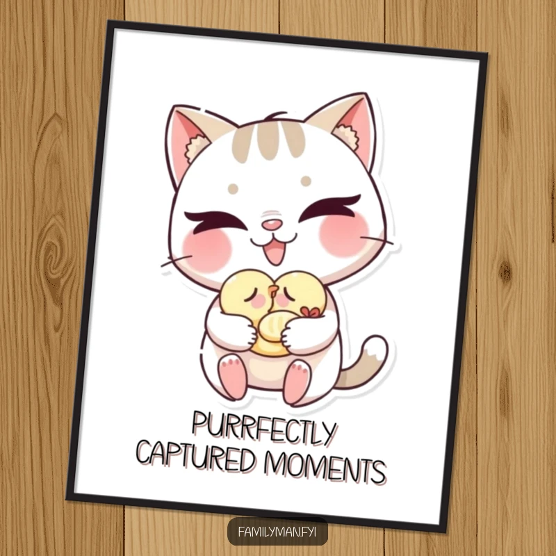 Funny Free Printable Wall Art: Mischievous cat with a grin gently carrying a sleeping baby bird, adding playful charm.