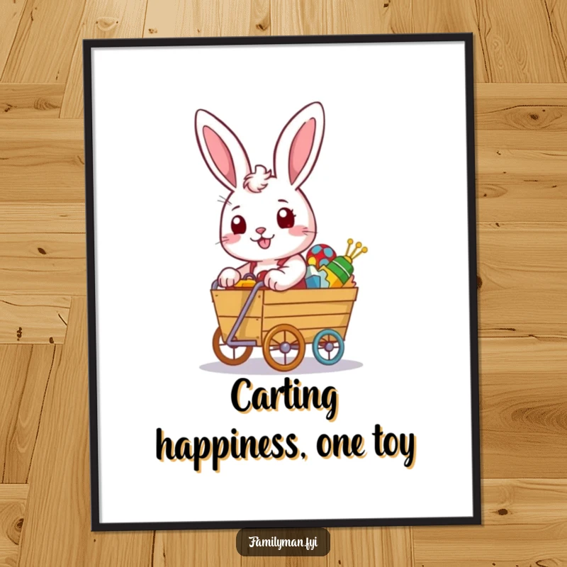 Funny Free Printable Wall Art: Happy rabbit determinedly pushing an overflowing toy cart, adding playful energy.