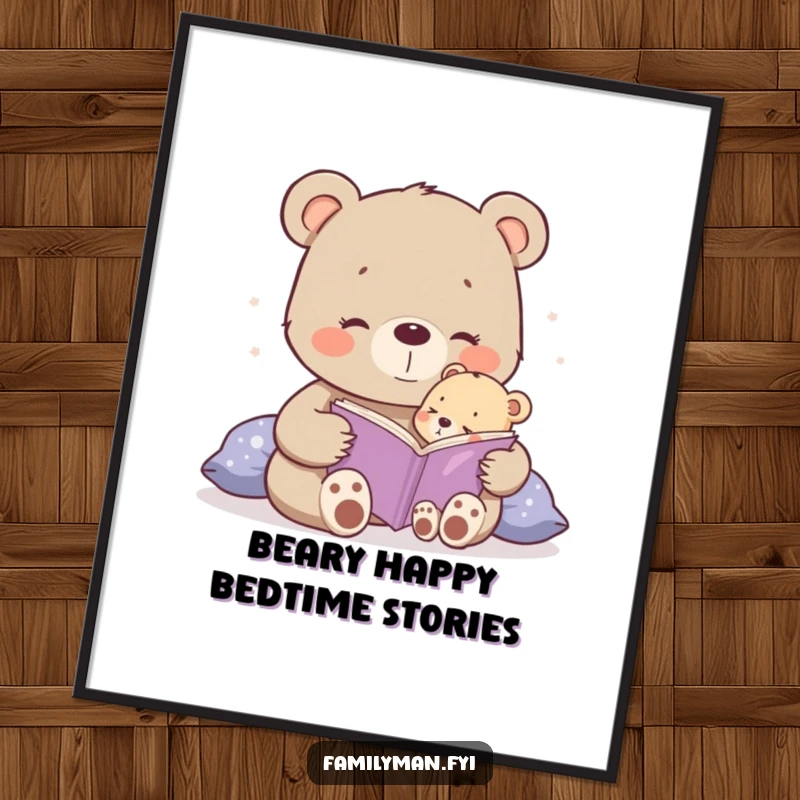 Funny Free Printable Wall Art: Happy bear cub reading a bedtime story to a tiny cub, evoking peace and warmth.