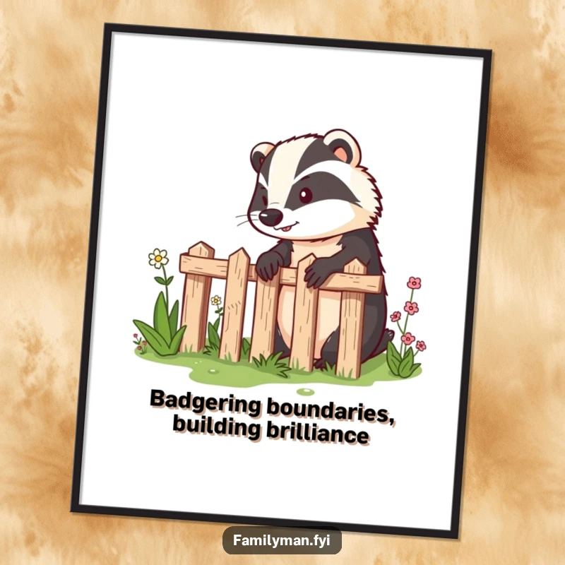 Funny Free Printable Wall Art: Determined badger meticulously building a fence around a vibrant garden, a DIY humorous gift.