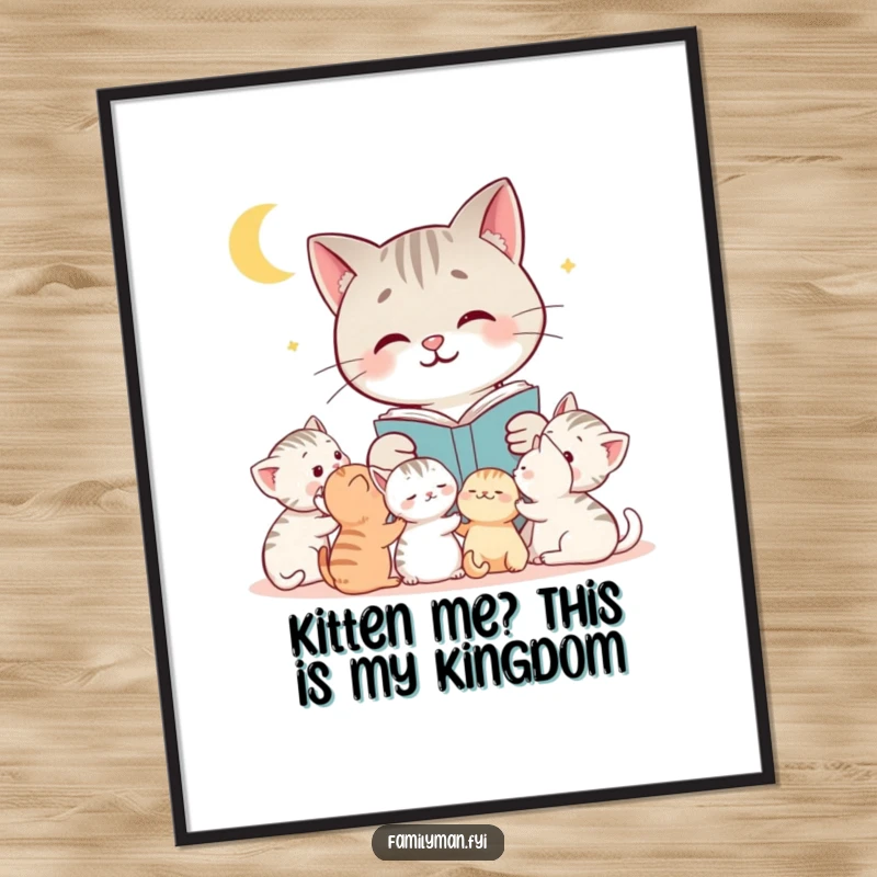 Funny Free Printable Wall Art: Smiling cat reads a bedtime story to adorable kittens in a warm, inviting illustration.