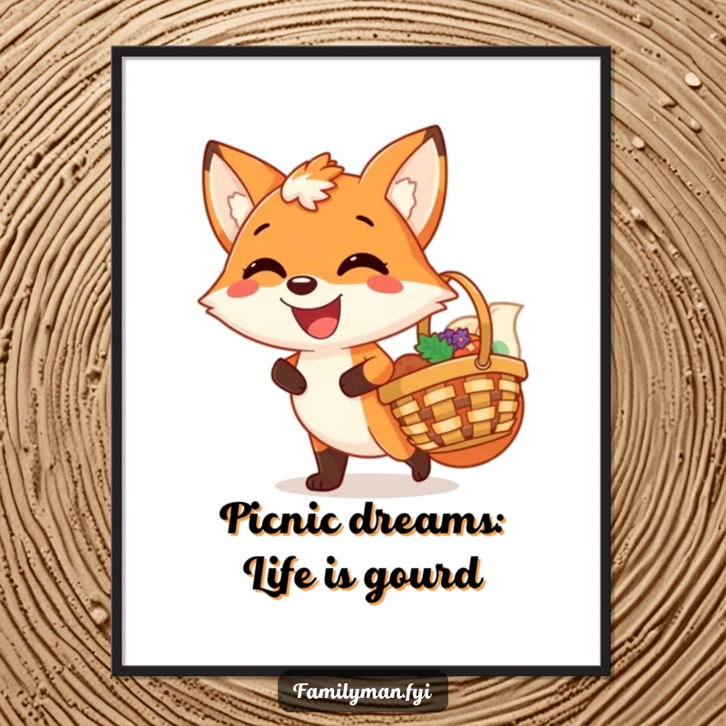 Funny Free Printable Wall Art of a joyful fox with a satisfied grin, carrying a picnic basket, ready for an adventure.