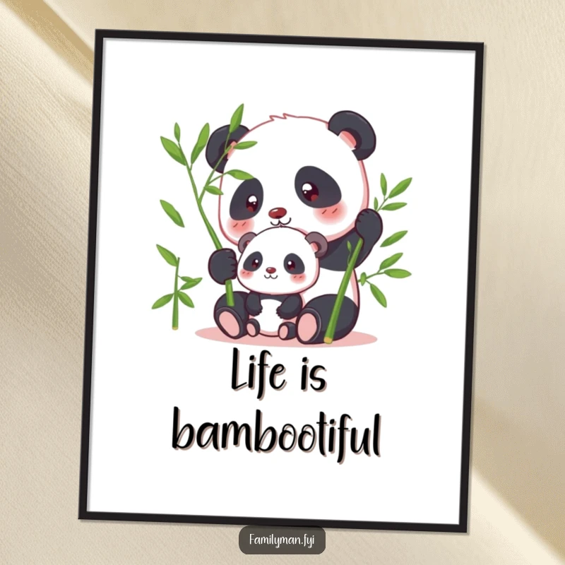 Funny Free Printable Wall Art: Focused panda shares bamboo with offspring, serene parent-child moment, calming downloadable decor.