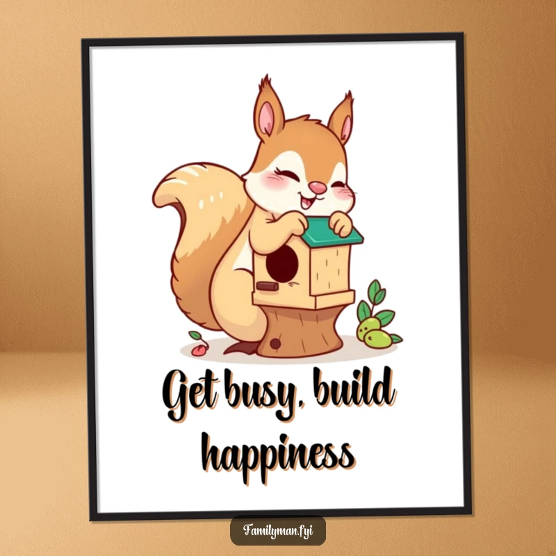 Funny Free Printable Wall Art: A playful squirrel is busy fixing a small, charming birdhouse in a cozy setting.