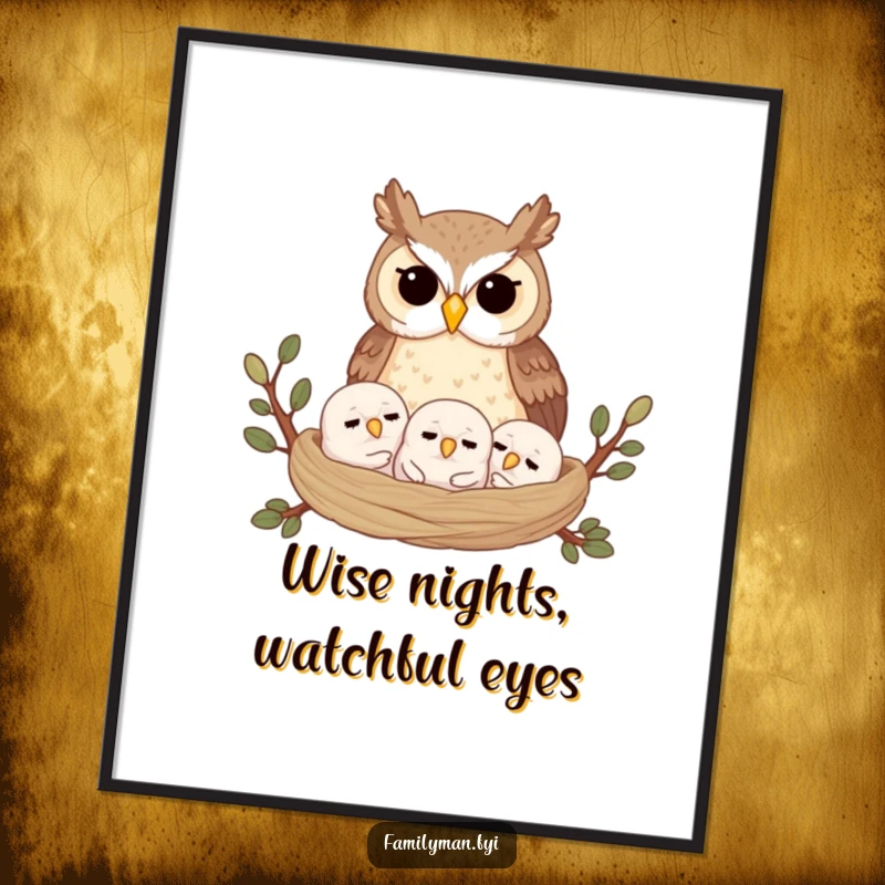 Funny Free Printable Wall Art: Proud owl keeping watch over tiny sleeping owlets in a snug nest, a DIY sweet gift.