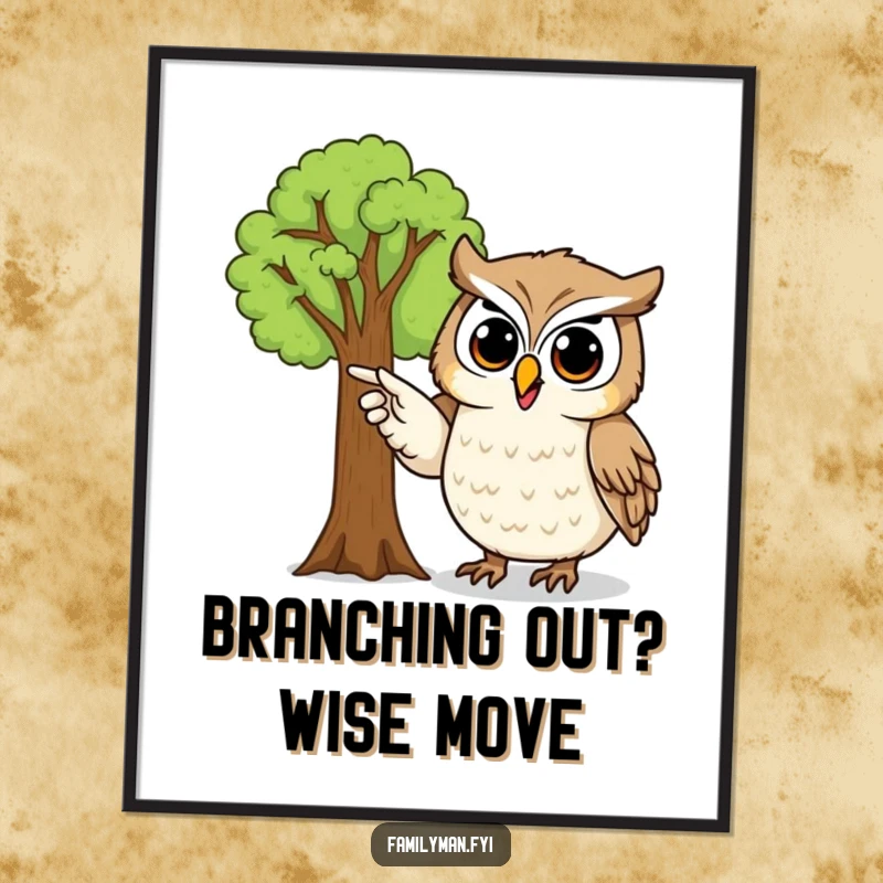 Funny Free Printable Wall Art: Proud owl highlights family tree, symbolizing wisdom, connection, and proud heritage.