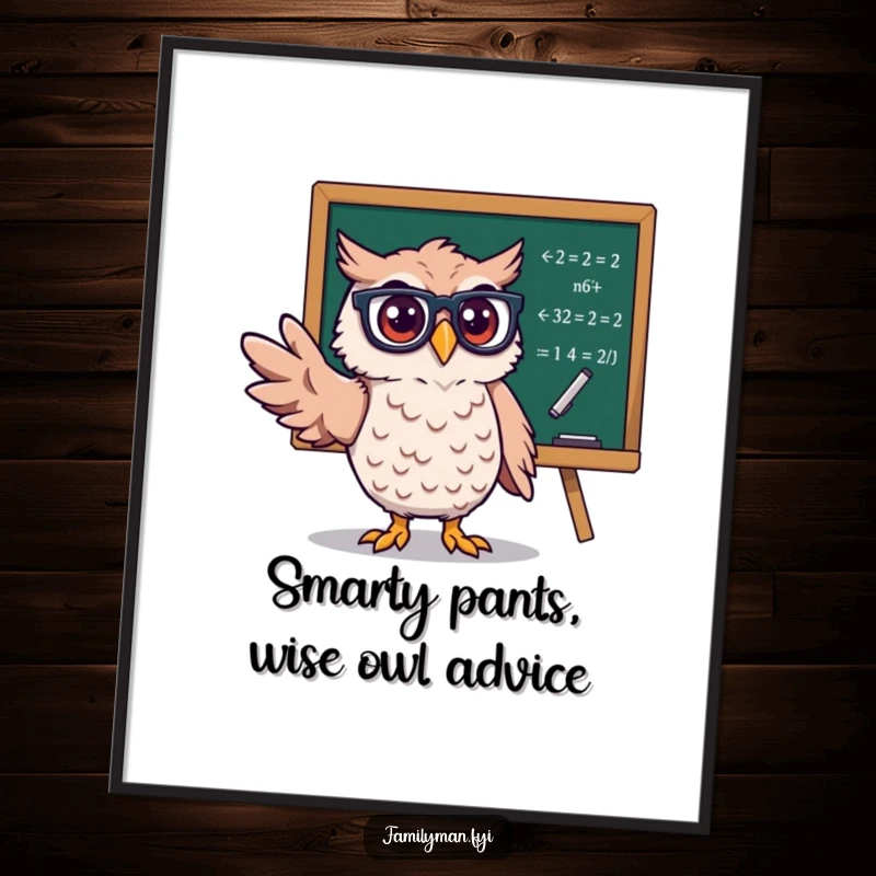 Funny Free Printable Wall Art: A proud owl in glasses gestures at blackboard equations, embodying wit and intelligence for your decor.
