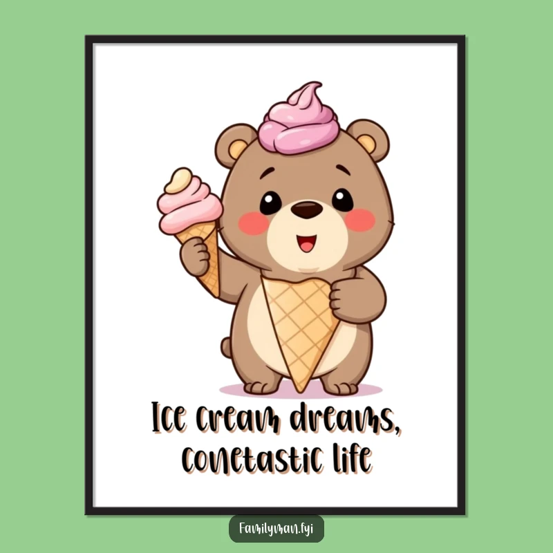 Funny Free Printable Wall Art: Bear Cub with Giant Ice Cream, Whimsical Decor