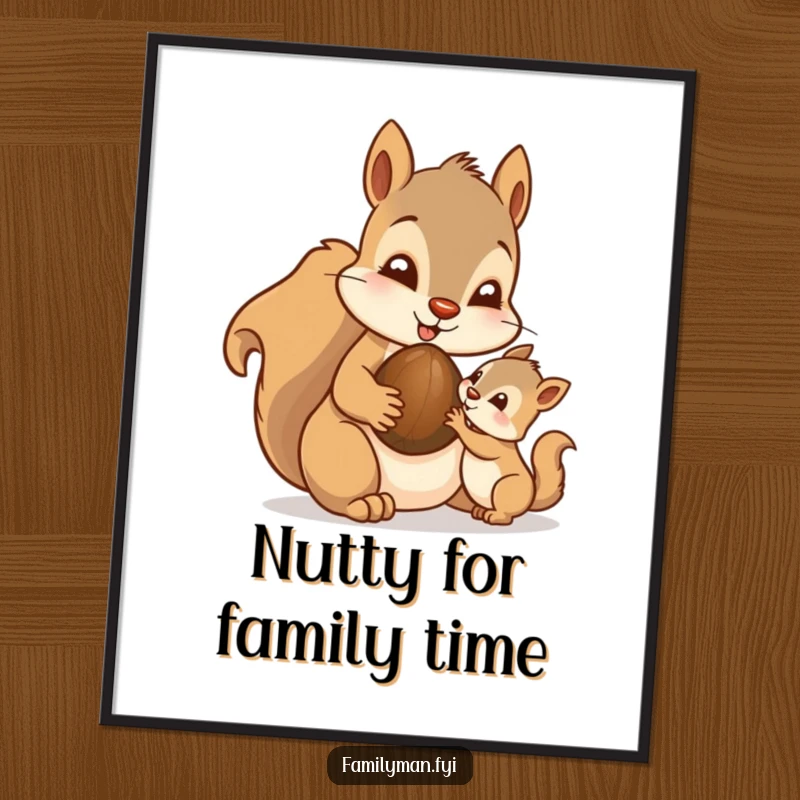 Funny Free Printable Wall Art: Doting father squirrel sharing a nut with its young child in a heartwarming moment.