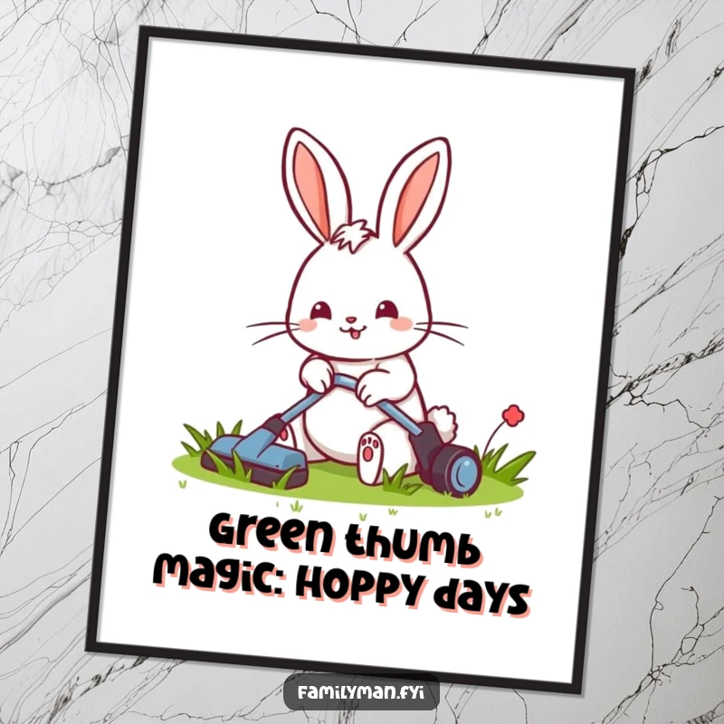 Funny Free Printable Wall Art depicting a cheerful rabbit with a mower, finishing a small, perfectly tidy lawn with pride.