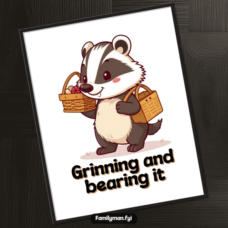 Funny Free Printable Badger Dad Wall Art: Determined dad badger proudly carries a picnic basket, exuding confidence.