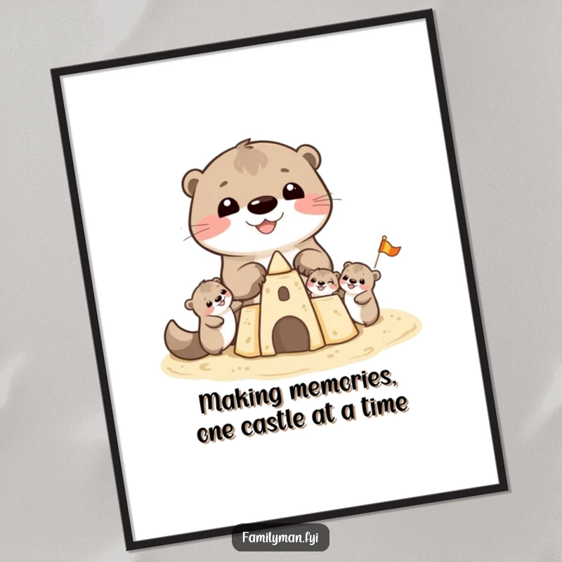 Funny Free Printable Wall Art: A joyful otter family building a detailed sandcastle together on a sunny beach.