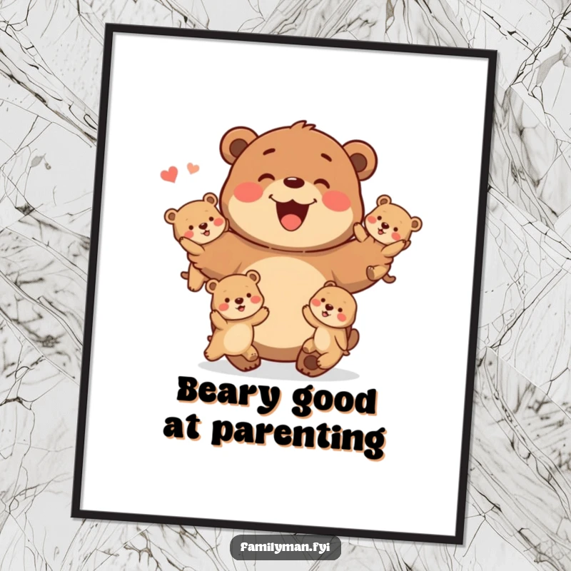 Funny Free Printable Wall Art: A cheerful father bear happily juggling multiple playful baby bears.