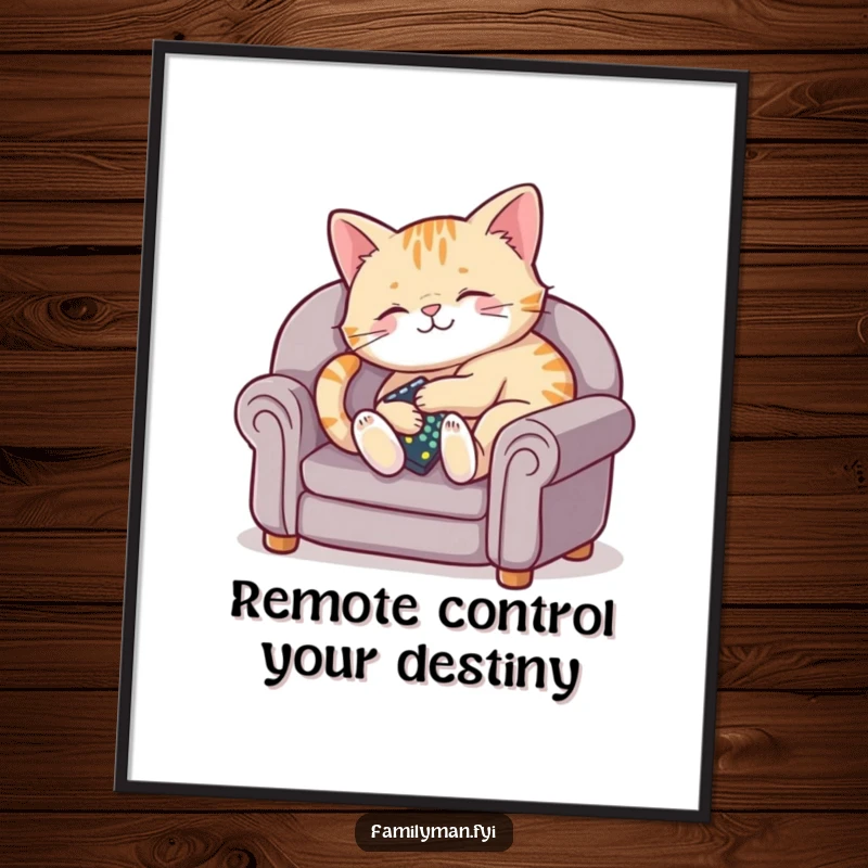 Funny free printable wall art of a content cat lounging on a mini couch with a remote, embodying ultimate relaxation and humor.