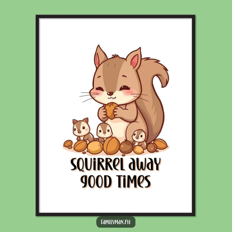 Free Printable Wall Art: Squirrel Family Gathering Nuts, Funny Downloadable Autumn Decor