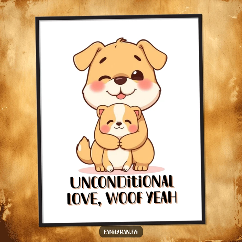 Funny Free Printable Wall Art: Cheerful dog giving a big, affectionate hug to a smaller, happy animal.