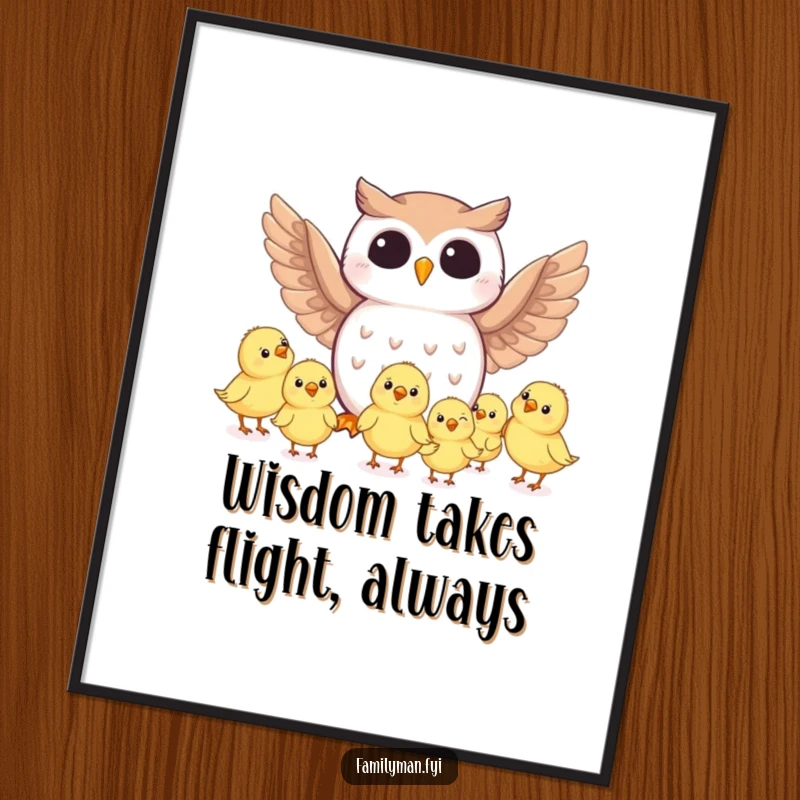 Funny Free Printable Wall Art: Joyful owl character teaching tiny chicks the art of flying with enthusiasm.