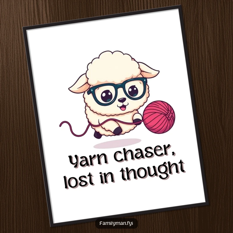 Funny Free Printable Wall Art: Fluffy sheep dog wearing oversized glasses with intense focus chasing a bouncing yarn ball.